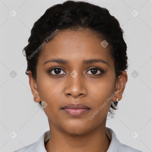 Neutral black young-adult female with short  black hair and brown eyes