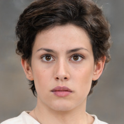 Neutral white young-adult female with short  brown hair and brown eyes