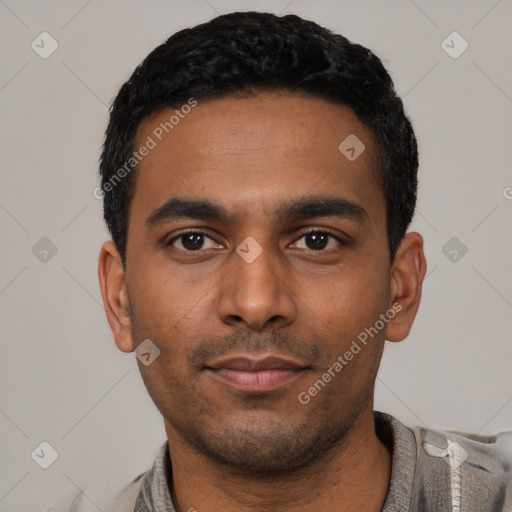 Neutral latino young-adult male with short  black hair and brown eyes