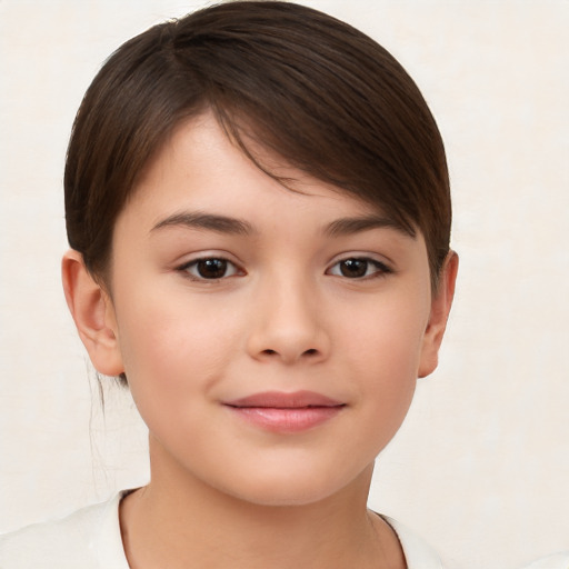 Joyful white child female with short  brown hair and brown eyes