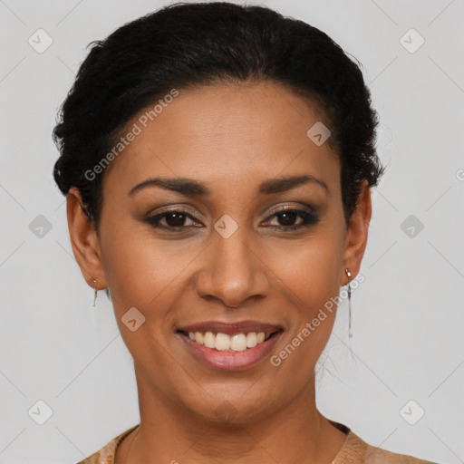 Joyful latino young-adult female with short  brown hair and brown eyes