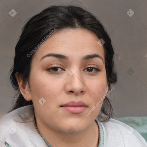 Neutral white young-adult female with medium  brown hair and brown eyes