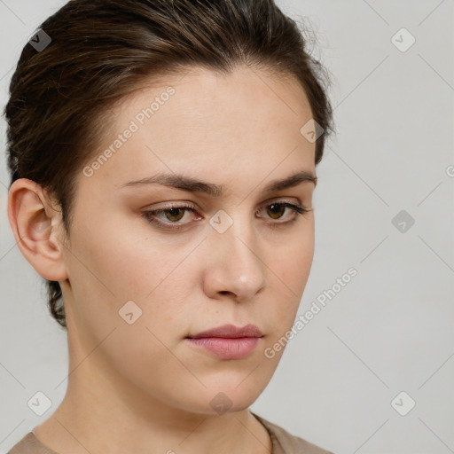 Neutral white young-adult female with medium  brown hair and brown eyes