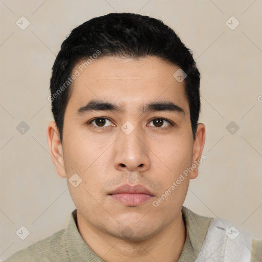 Neutral asian young-adult male with short  black hair and brown eyes