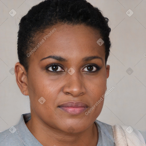 Joyful black young-adult female with short  brown hair and brown eyes