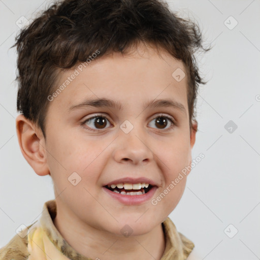 Joyful white child male with short  brown hair and brown eyes