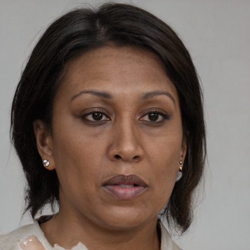Neutral asian adult female with medium  brown hair and brown eyes