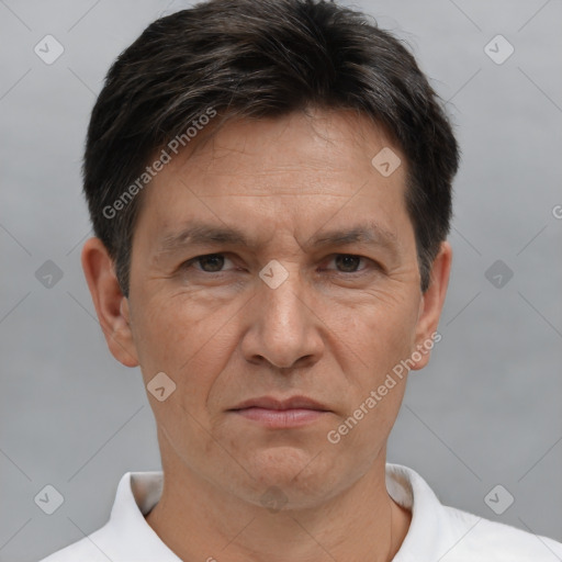 Neutral white adult male with short  brown hair and brown eyes