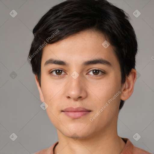 Neutral white young-adult male with short  brown hair and brown eyes