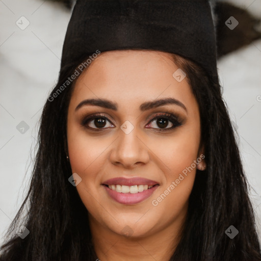 Joyful latino young-adult female with long  black hair and brown eyes