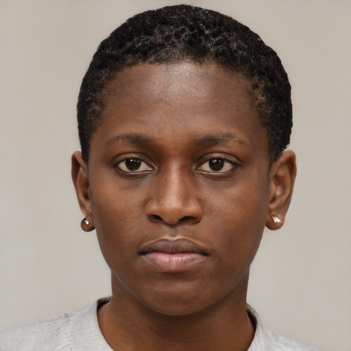Neutral black young-adult female with short  black hair and brown eyes