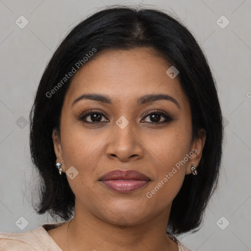 Joyful black young-adult female with medium  brown hair and brown eyes