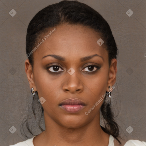 Neutral black young-adult female with short  brown hair and brown eyes