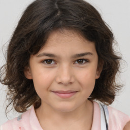 Joyful white child female with medium  brown hair and brown eyes