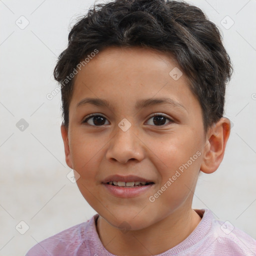 Joyful white child female with short  brown hair and brown eyes