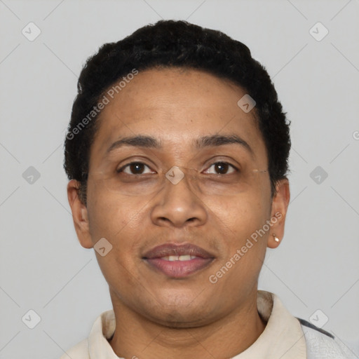 Joyful latino adult female with short  black hair and brown eyes