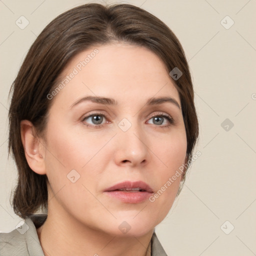 Neutral white young-adult female with medium  brown hair and grey eyes