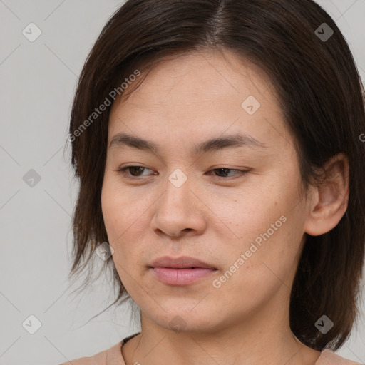 Neutral white young-adult female with medium  brown hair and brown eyes