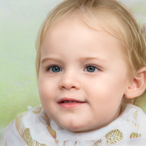 Joyful white child female with short  brown hair and blue eyes