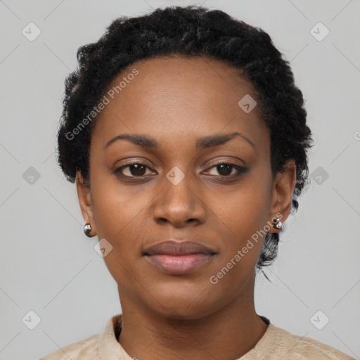 Neutral black young-adult female with short  black hair and brown eyes