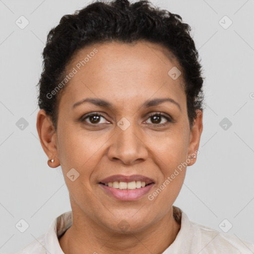 Joyful latino adult female with short  brown hair and brown eyes