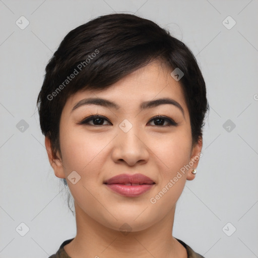 Joyful asian young-adult female with short  black hair and brown eyes