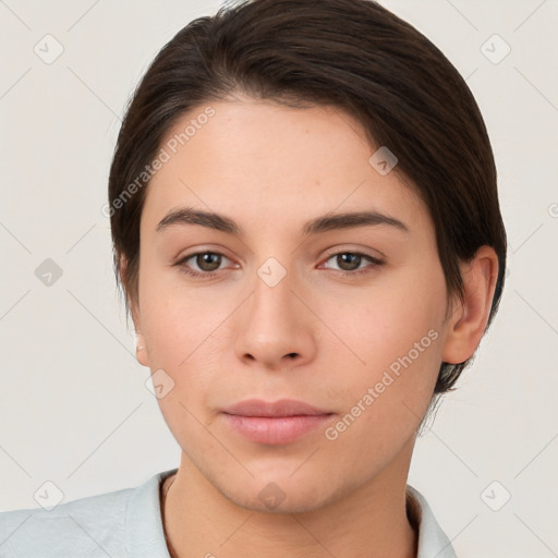 Neutral white young-adult female with short  brown hair and brown eyes