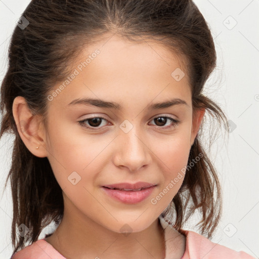 Joyful white child female with medium  brown hair and brown eyes