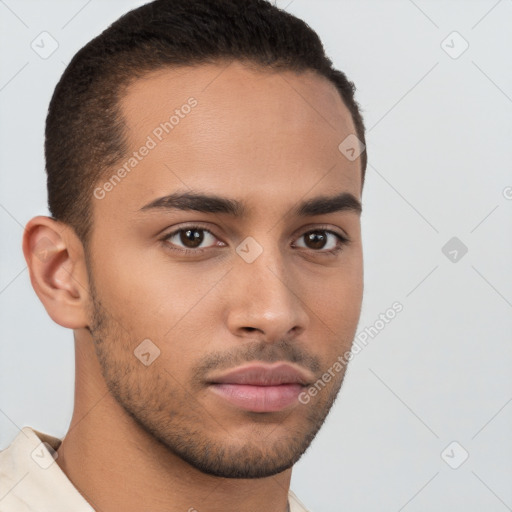 Neutral white young-adult male with short  brown hair and brown eyes