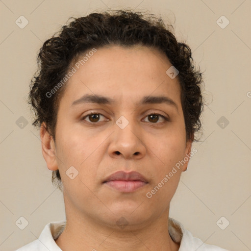 Neutral white young-adult female with short  brown hair and brown eyes