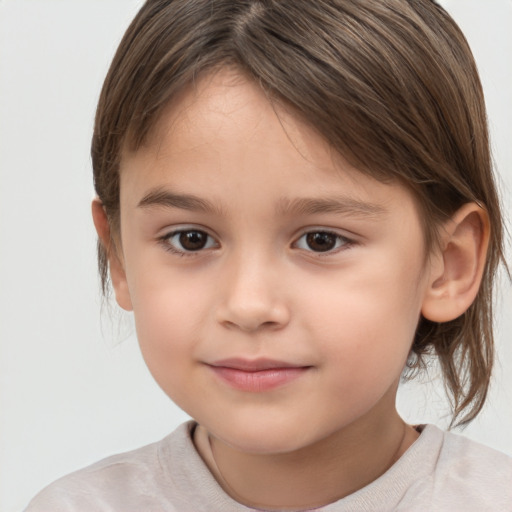 Joyful white child female with medium  brown hair and brown eyes