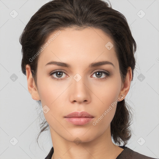 Neutral white young-adult female with medium  brown hair and brown eyes