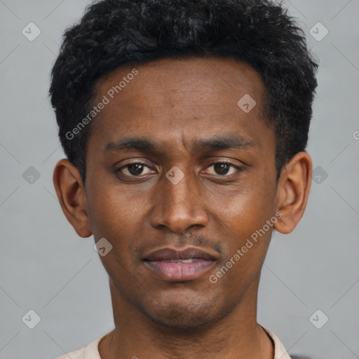 Neutral black young-adult male with short  black hair and brown eyes