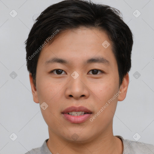 Neutral asian young-adult male with short  brown hair and brown eyes