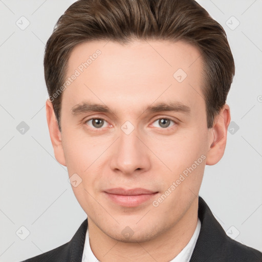 Neutral white young-adult male with short  brown hair and brown eyes