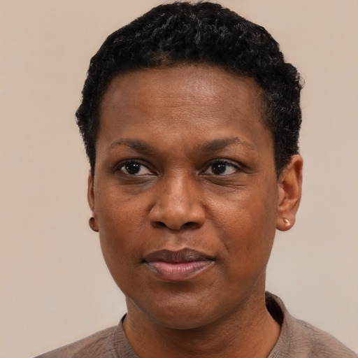 Joyful black adult female with short  black hair and brown eyes
