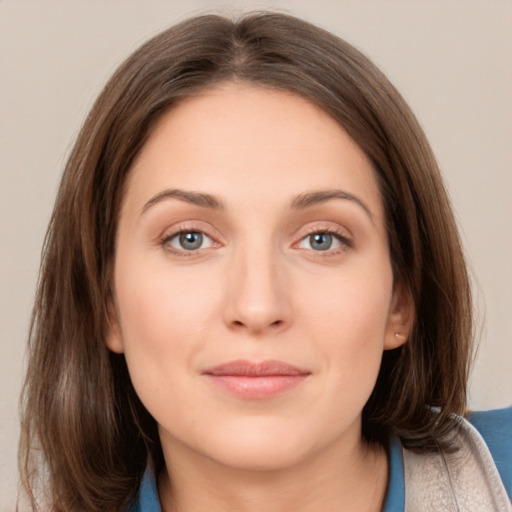 Neutral white young-adult female with long  brown hair and grey eyes