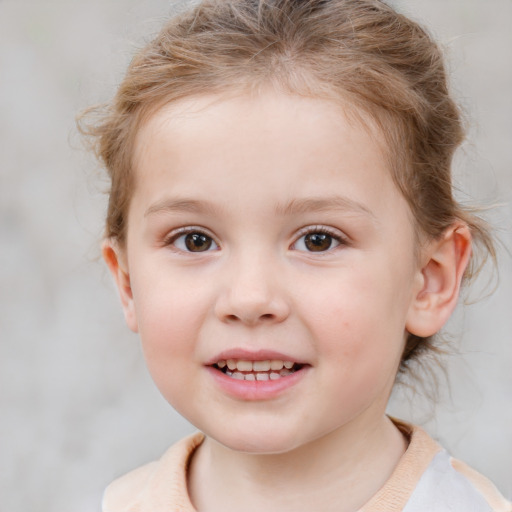 Joyful white child female with medium  brown hair and blue eyes