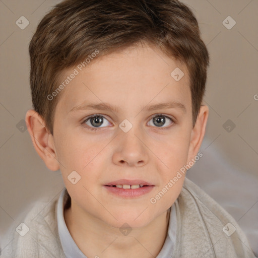 Joyful white child female with short  brown hair and brown eyes