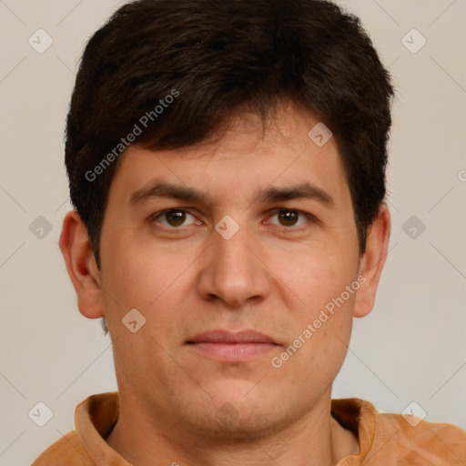 Joyful white young-adult male with short  brown hair and brown eyes