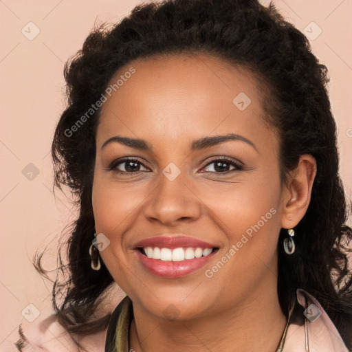 Joyful latino young-adult female with long  brown hair and brown eyes