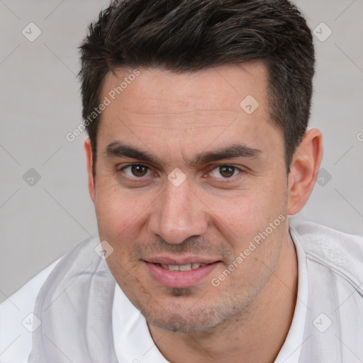 Joyful white young-adult male with short  brown hair and brown eyes