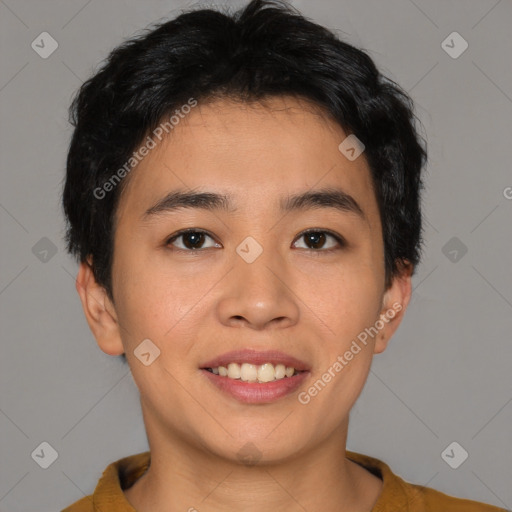 Joyful asian young-adult male with short  brown hair and brown eyes