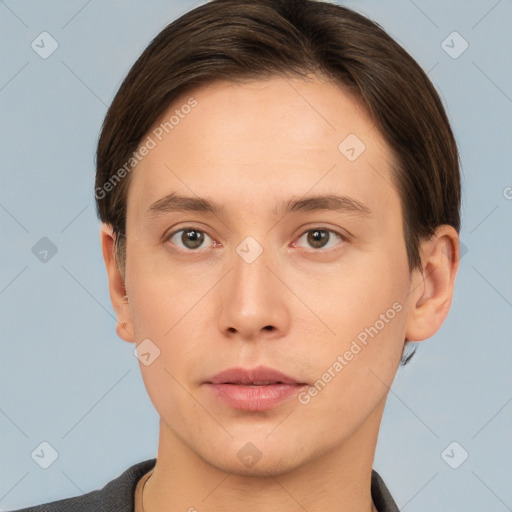 Neutral white young-adult male with short  brown hair and brown eyes