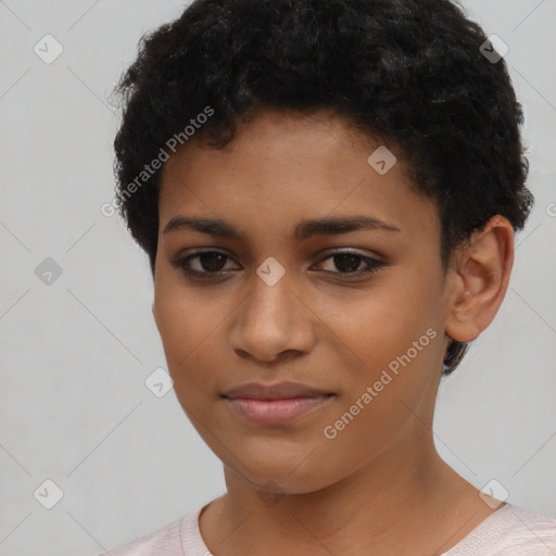 Joyful latino young-adult female with short  black hair and brown eyes