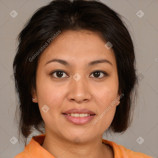 Joyful white young-adult female with medium  brown hair and brown eyes