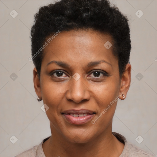 Joyful black young-adult female with short  black hair and brown eyes