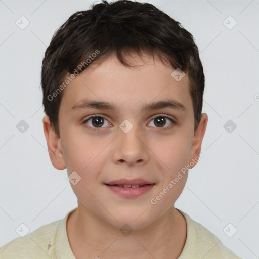 Joyful white child male with short  brown hair and brown eyes