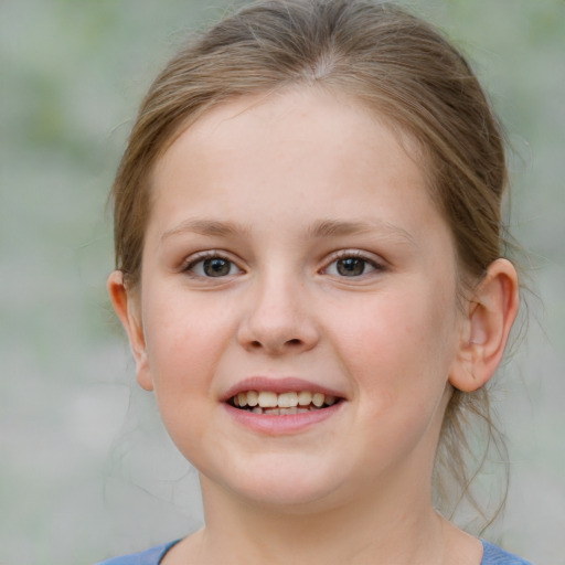 Joyful white child female with medium  brown hair and blue eyes