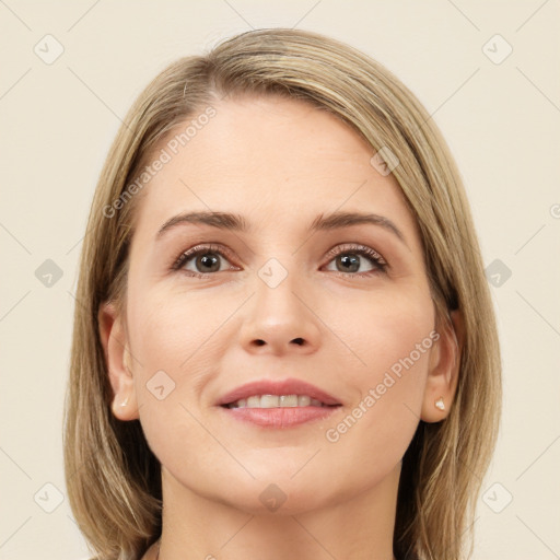 Joyful white young-adult female with long  brown hair and grey eyes